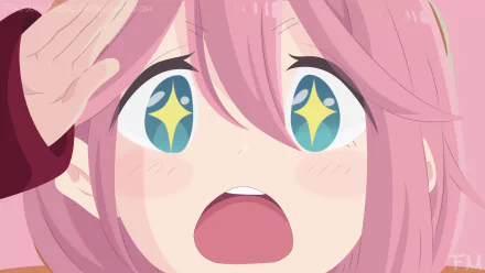 HD anime desktop wallpaper featuring Nadeshiko Kagamihara from Laid-Back Camp with sparkling eyes and pink hair, capturing a joyful and expressive moment.