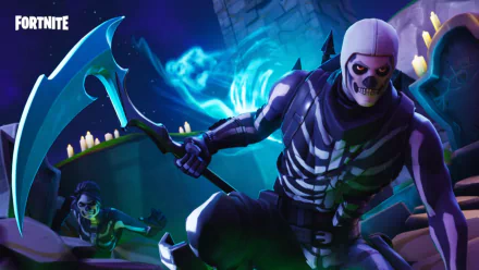 HD desktop wallpaper of a Fortnite Battle Royale loading screen featuring a skeleton warrior and a ghostly figure in a dark, eerie setting.