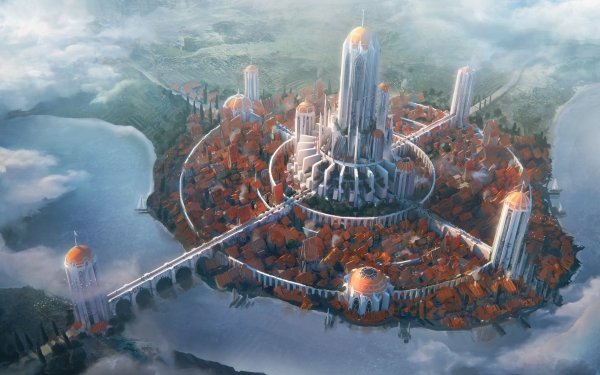 Fantasy City River Aerial Building Bridge HD Wallpaper | Background Image