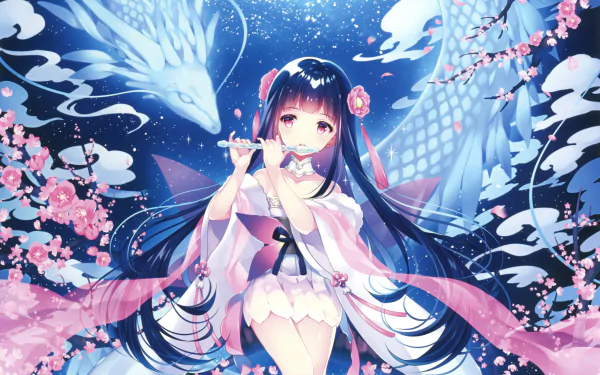 Anime wallpaper featuring a girl with pink eyes and long black hair in a kimono, playing a flute under a moonlit sky with cherry blossom petals and a dragon-like figure in the background.