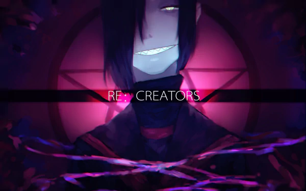 Magane Chikujoin from the anime Re:Creators grinning eerily against a glowing purple-pink circle, dark hooded figure with stylized ribbons and RE: CREATORS text — HD PC desktop wallpaper