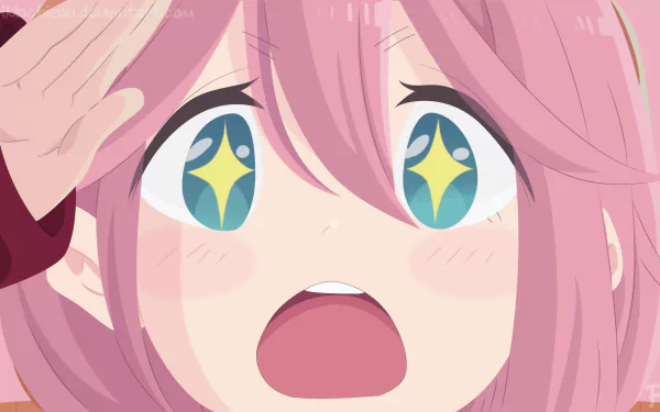 HD anime desktop wallpaper featuring Nadeshiko Kagamihara from Laid-Back Camp with sparkling eyes and pink hair, capturing a joyful and expressive moment.