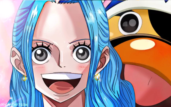 2K Quad HD PC wallpaper of One Piece's Nefertari Vivi smiling with long blue hair alongside her orange duck companion Carue.
