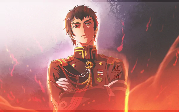Kureto Hīragi from Seraph of the End — anime HD PC desktop wallpaper: stern officer in ornate red uniform, arms crossed amid glowing embers and dramatic lighting.
