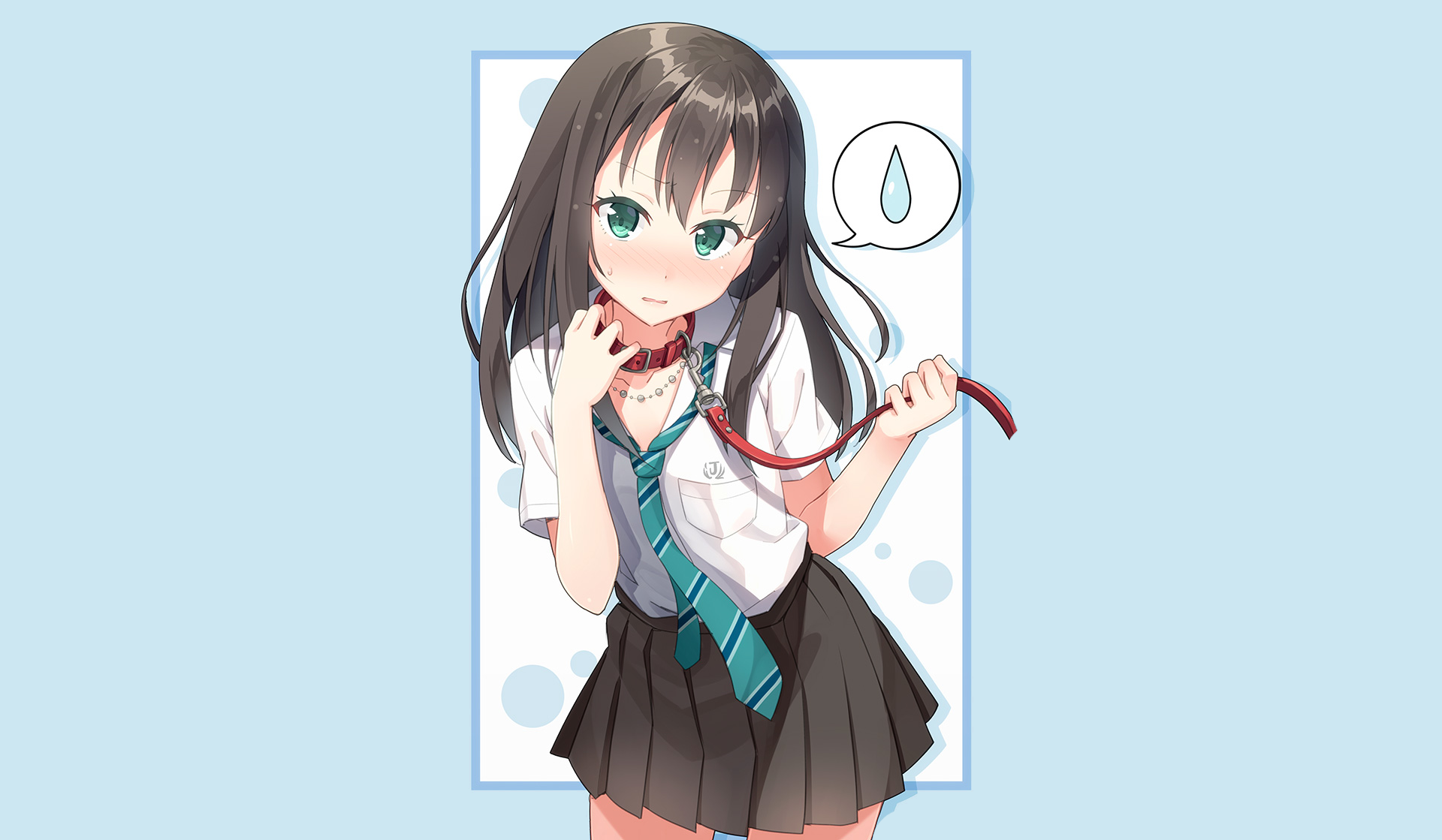 Anime HD desktop wallpaper featuring Rin Shibuya from The iDOLM@STER Cinderella Girls in a school uniform with black hair, green eyes, a tie, and a skirt.