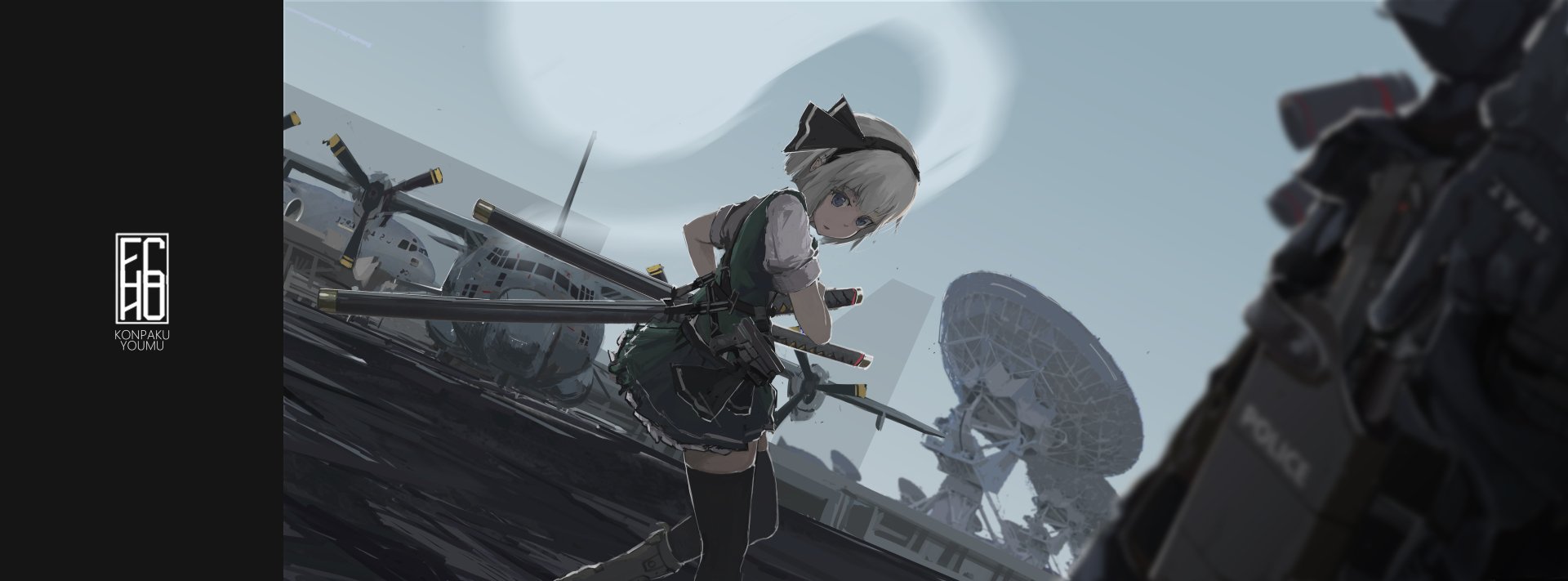 Youmu Konpaku (Touhou) anime illustration: Youmu on a rooftop wielding swords among satellite dishes beneath a large moon — 5K Ultra HD PC desktop wallpaper and background.
