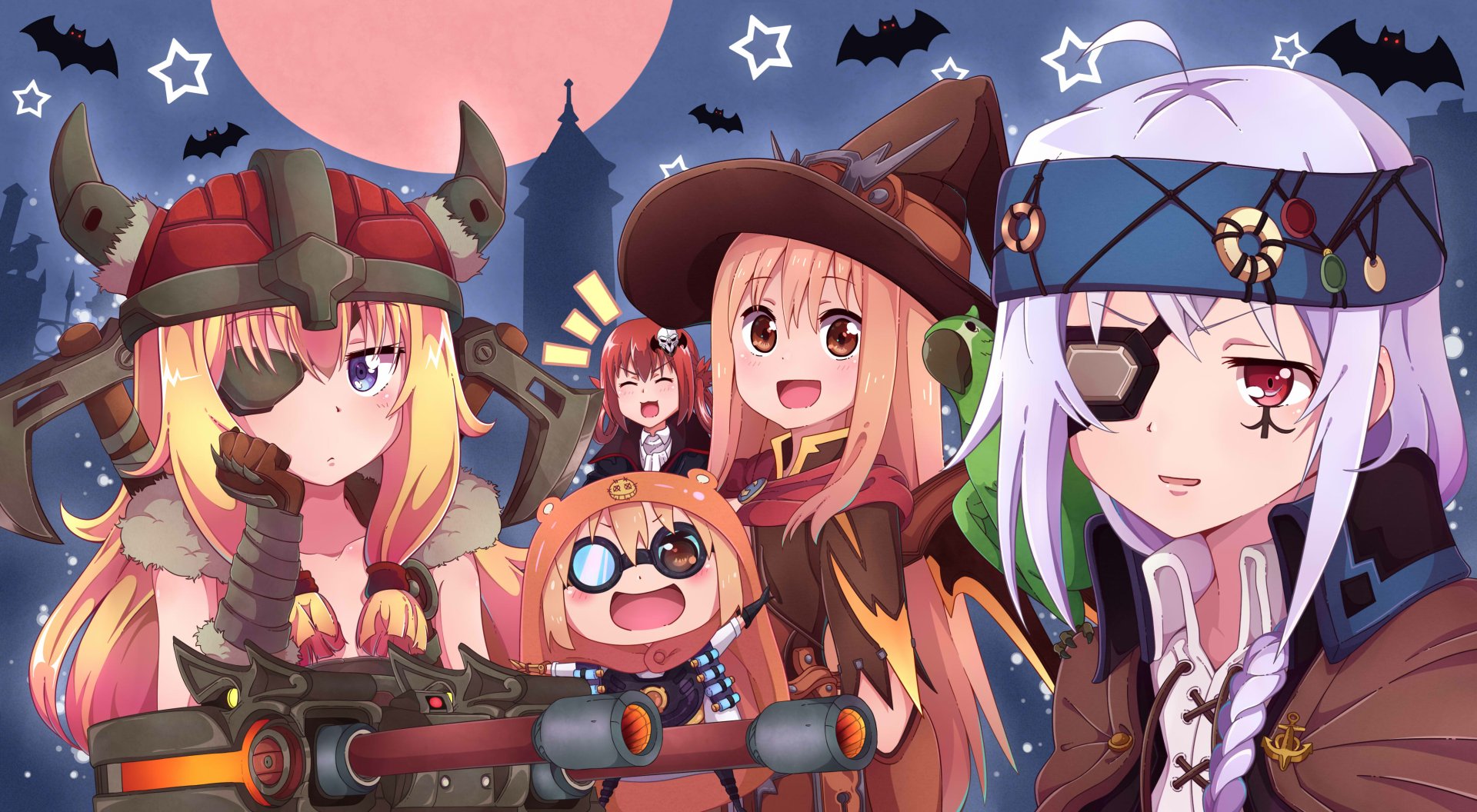 4K Ultra HD anime Halloween desktop wallpaper featuring vampire Gabriel Tenma White, Satanichia Kurumizawa McDowell, Isla from Plastic Memories, and Umaru Doma in a crossover scene.