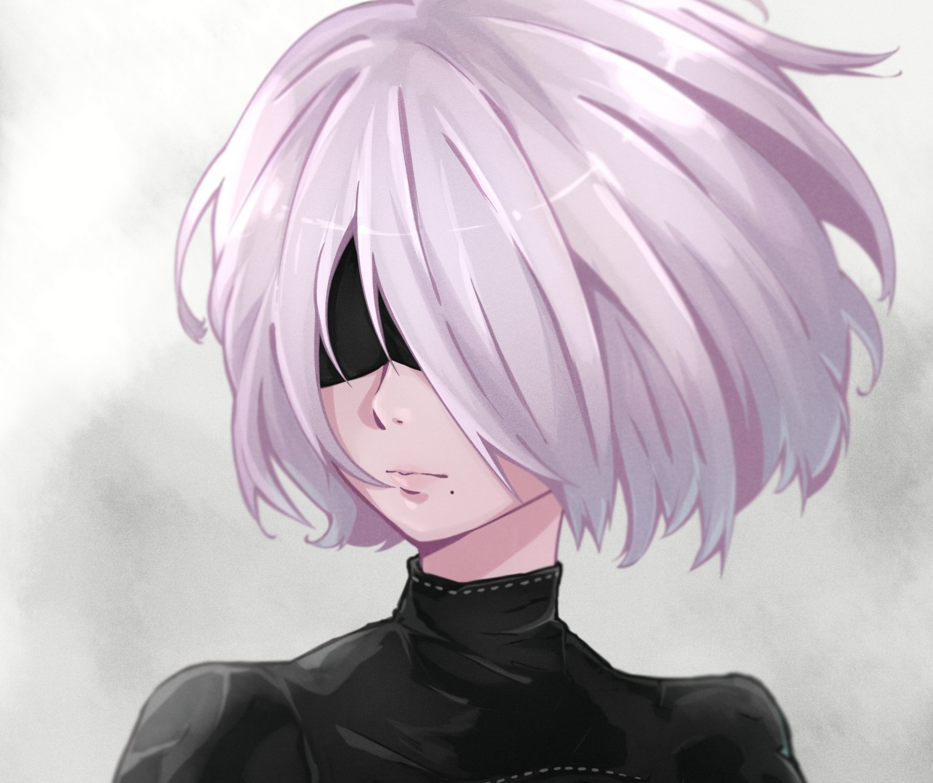 HD PC desktop wallpaper featuring YoRHa No.2 Type B, a character from the video game NieR: Automata, with pale hair and a black blindfold.