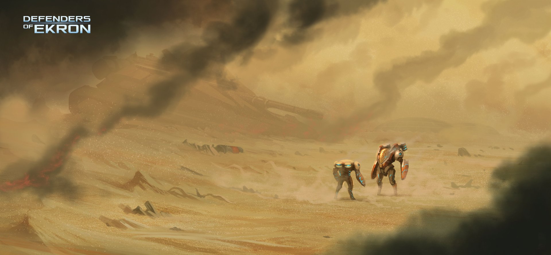 4K Ultra HD PC desktop wallpaper and background for the video game Defenders of Ekron: two mech warriors trudge across a windswept desert beneath a stormy, ochre sky.