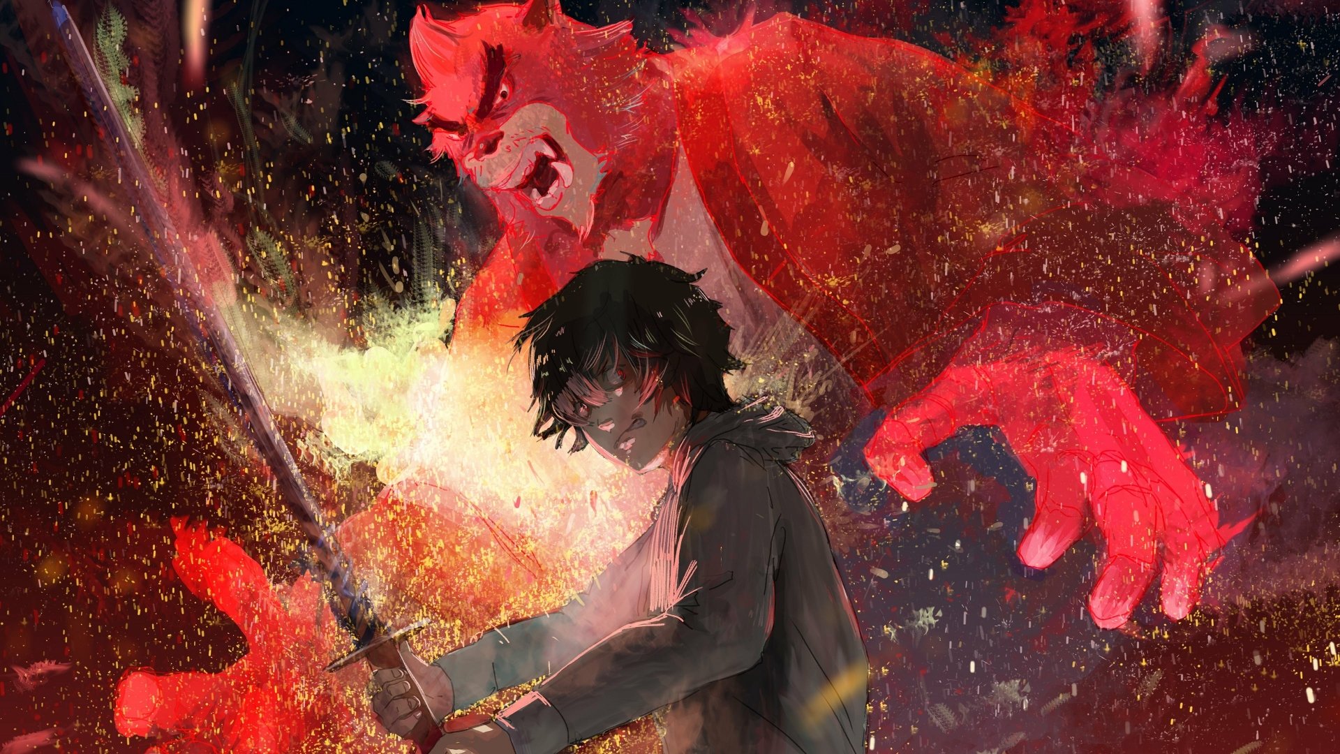 Anime 4K Ultra HD PC desktop wallpaper of The Boy and the Beast: a young swordsman with a glowing blade stands before a towering red beast amid fiery sparks.