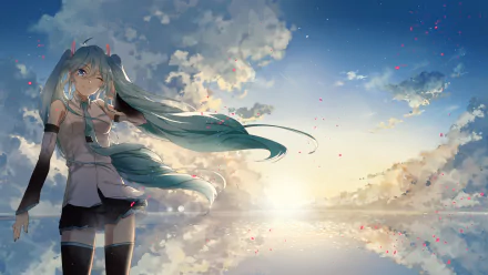 Hatsune Miku (Vocaloid) anime HD PC desktop wallpaper: teal twin‑tailed singer on a reflective shoreline at sunset, flowing hair and dress beneath a vast clouded sky and drifting petals.