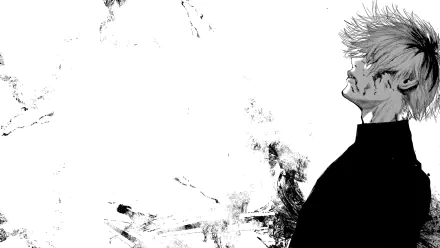 HD wallpaper featuring Ken Kaneki from Tokyo Ghoul:re, with a monochrome background showcasing abstract brush strokes.
