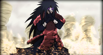 Madara Uchiha from Naruto kneeling in red armor amid smoke and rubble, intense anime scene — 2K Quad HD PC desktop wallpaper