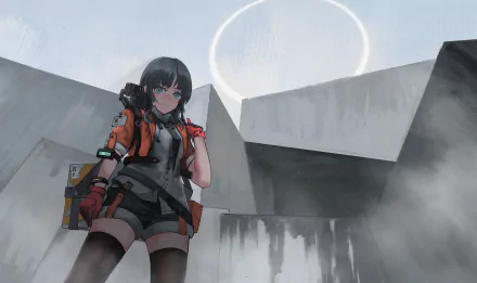 Anime-style character with blue eyes and black hair stands in a foggy concrete environment, facing a glowing portal above, captured in 4K Ultra HD detail.