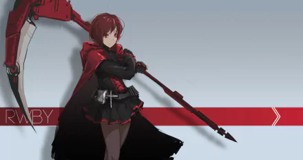 4K Ultra HD anime wallpaper featuring Ruby Rose from RWBY, standing confidently with her weapon against a minimalist gray and red background.