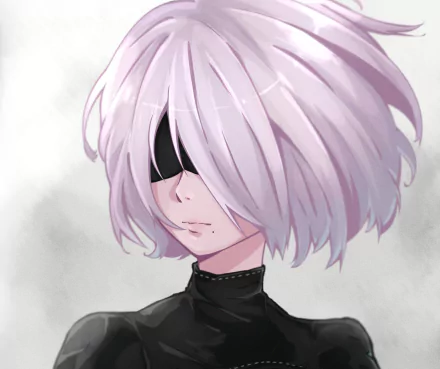 HD PC desktop wallpaper featuring YoRHa No.2 Type B, a character from the video game NieR: Automata, with pale hair and a black blindfold.