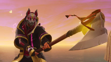 HD Fortnite PC desktop wallpaper featuring a character in a fox mask holding a large battle axe against a sunset sky.