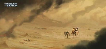 4K Ultra HD PC desktop wallpaper and background for the video game Defenders of Ekron: two mech warriors trudge across a windswept desert beneath a stormy, ochre sky.