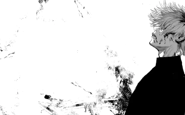 HD wallpaper featuring Ken Kaneki from Tokyo Ghoul:re, with a monochrome background showcasing abstract brush strokes.