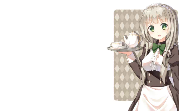 maid tea set smile green eyes white hair long hair Anime Original HD Desktop Wallpaper | Background Image