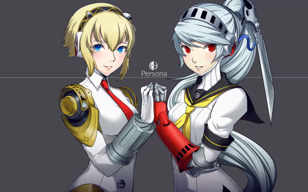 HD PC desktop wallpaper of Aigis from the Persona video game series (Persona 4: Arena): two armored android variants side by side, holding hands and facing forward.