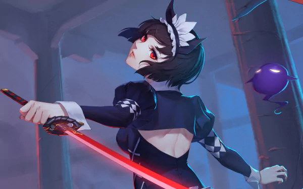 HD PC desktop wallpaper featuring a character from the video game Yao Dao Shao Nu Yi Wen Lu wielding a glowing red sword in a dark, atmospheric setting.