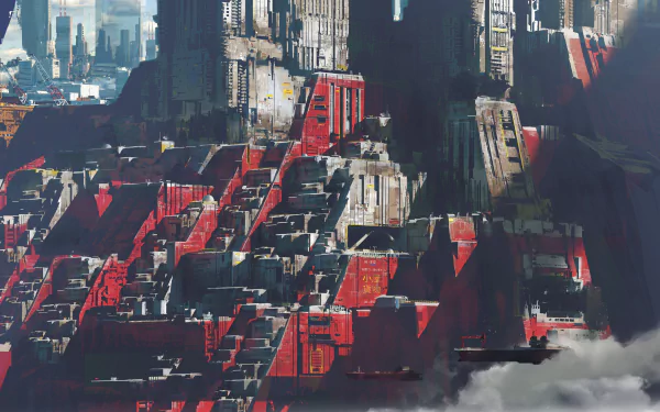 Futuristic sci-fi city with towering structures and red accents, depicted in 4K Ultra HD, designed as a vivid PC desktop wallpaper and background.