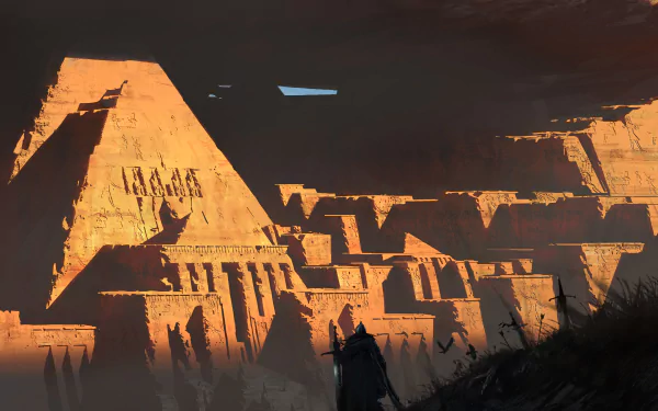 A lone figure stands before massive, ancient stone ruins bathed in warm light, captured in vivid detail in this 4K Ultra HD fantasy PC desktop wallpaper.