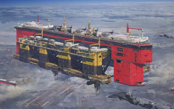 HD desktop wallpaper featuring a massive sci-fi spaceship with red and yellow sections, flying above clouds.