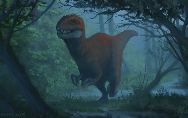 A detailed 4K Ultra HD desktop wallpaper featuring a dinosaur emerging from a misty forest at dusk, blending prehistoric wildlife with atmospheric natural scenery.