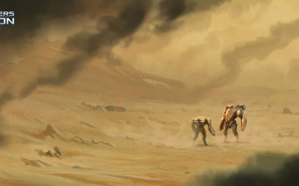 4K Ultra HD PC desktop wallpaper and background for the video game Defenders of Ekron: two mech warriors trudge across a windswept desert beneath a stormy, ochre sky.