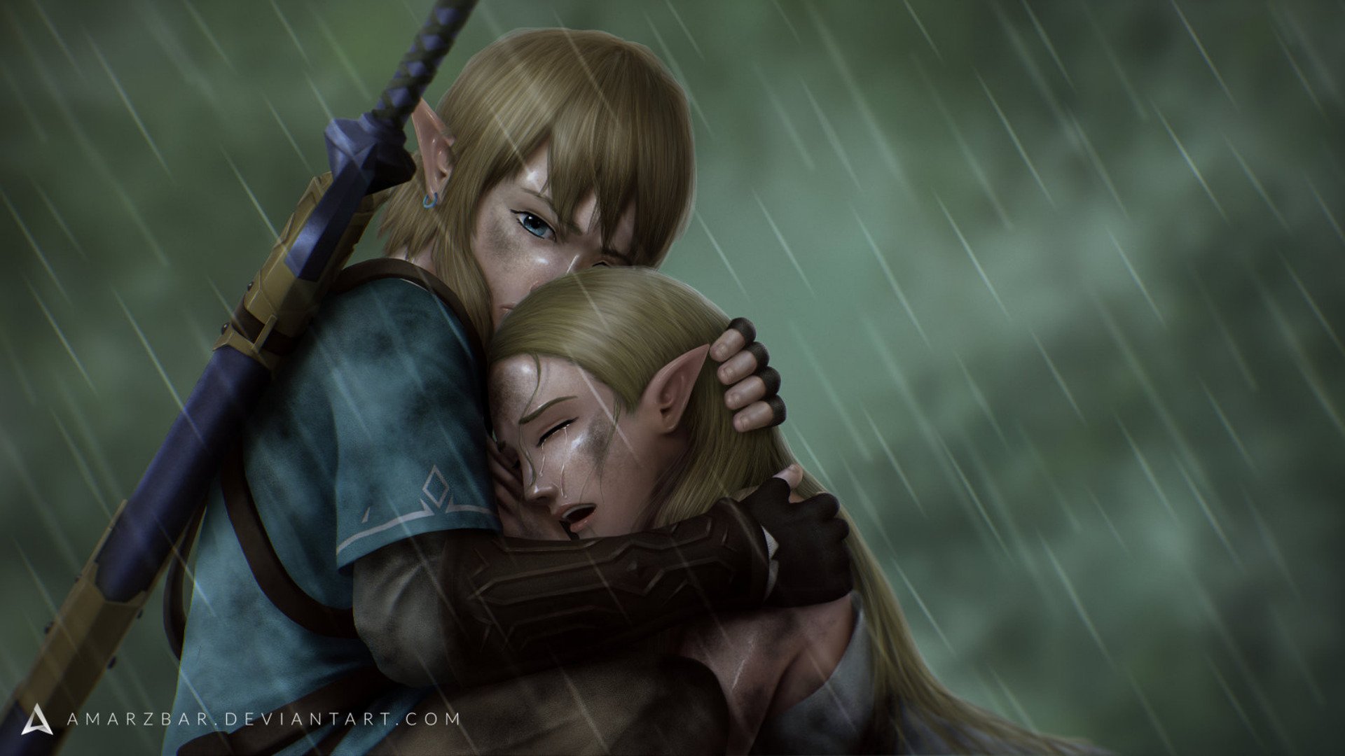 Princess Zelda and Link from The Legend of Zelda: Breath of the Wild embrace in the rain — emotional HD PC desktop wallpaper.