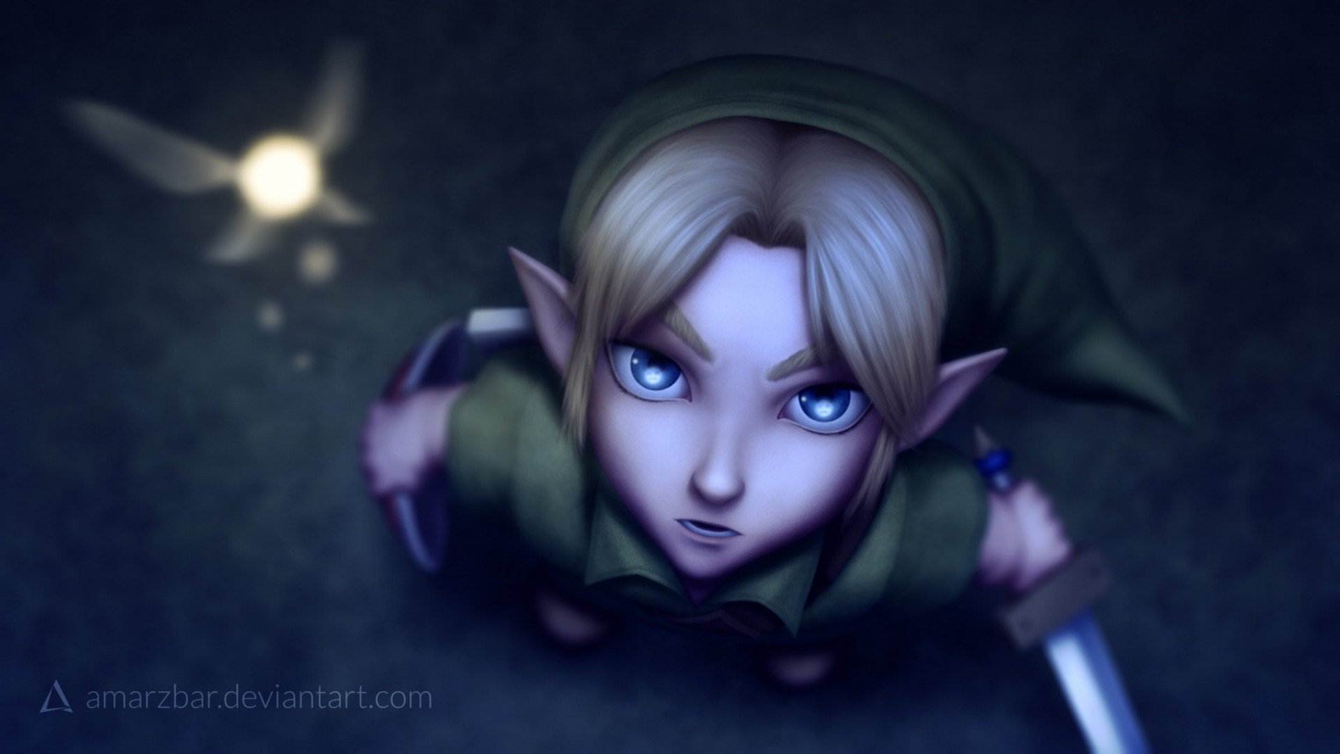 HD PC wallpaper of elf-like Link from The Legend of Zelda: Majora's Mask, gazing up with glowing blue eyes and raised sword, moody lighting for a video game desktop background