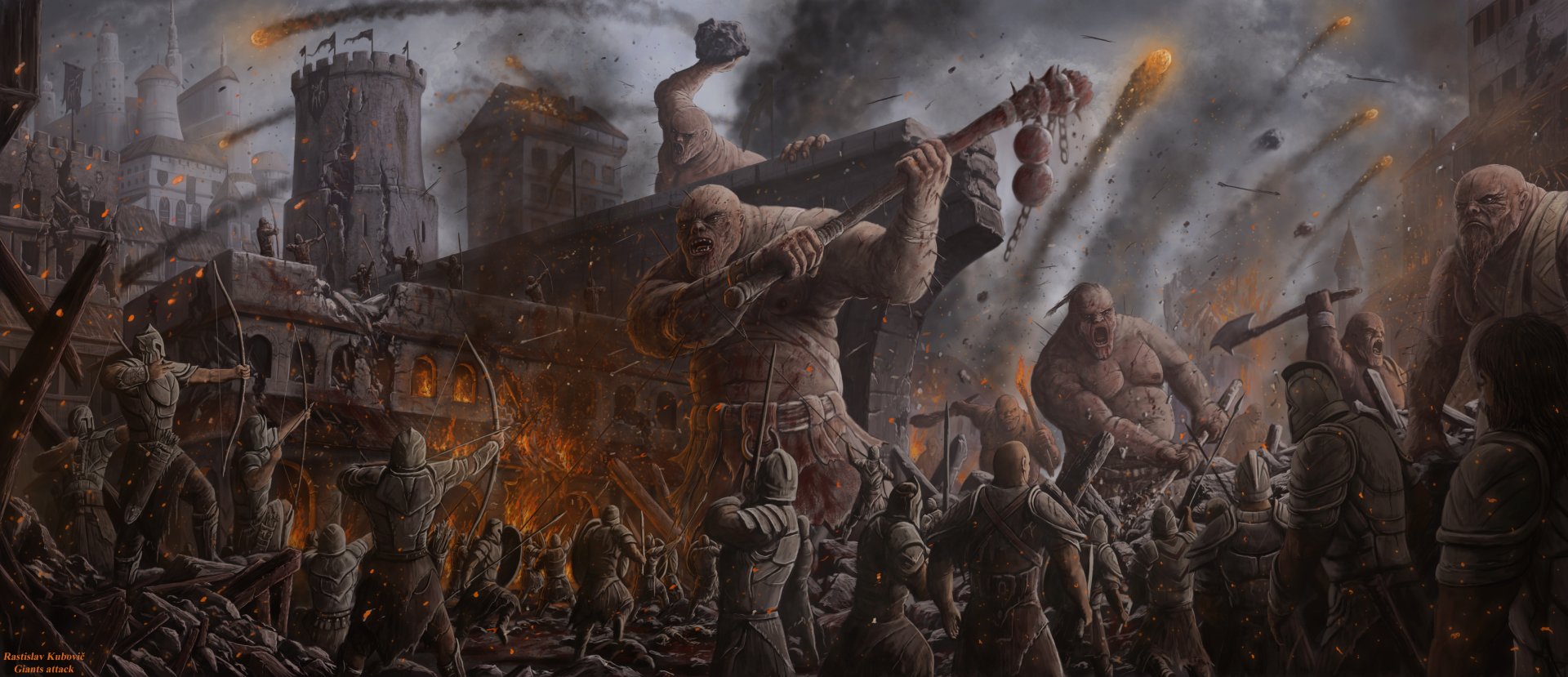 A 4K Ultra HD fantasy warrior image depicting a giant armored archer knight in intense battle amid a dark, fiery castle siege scene.