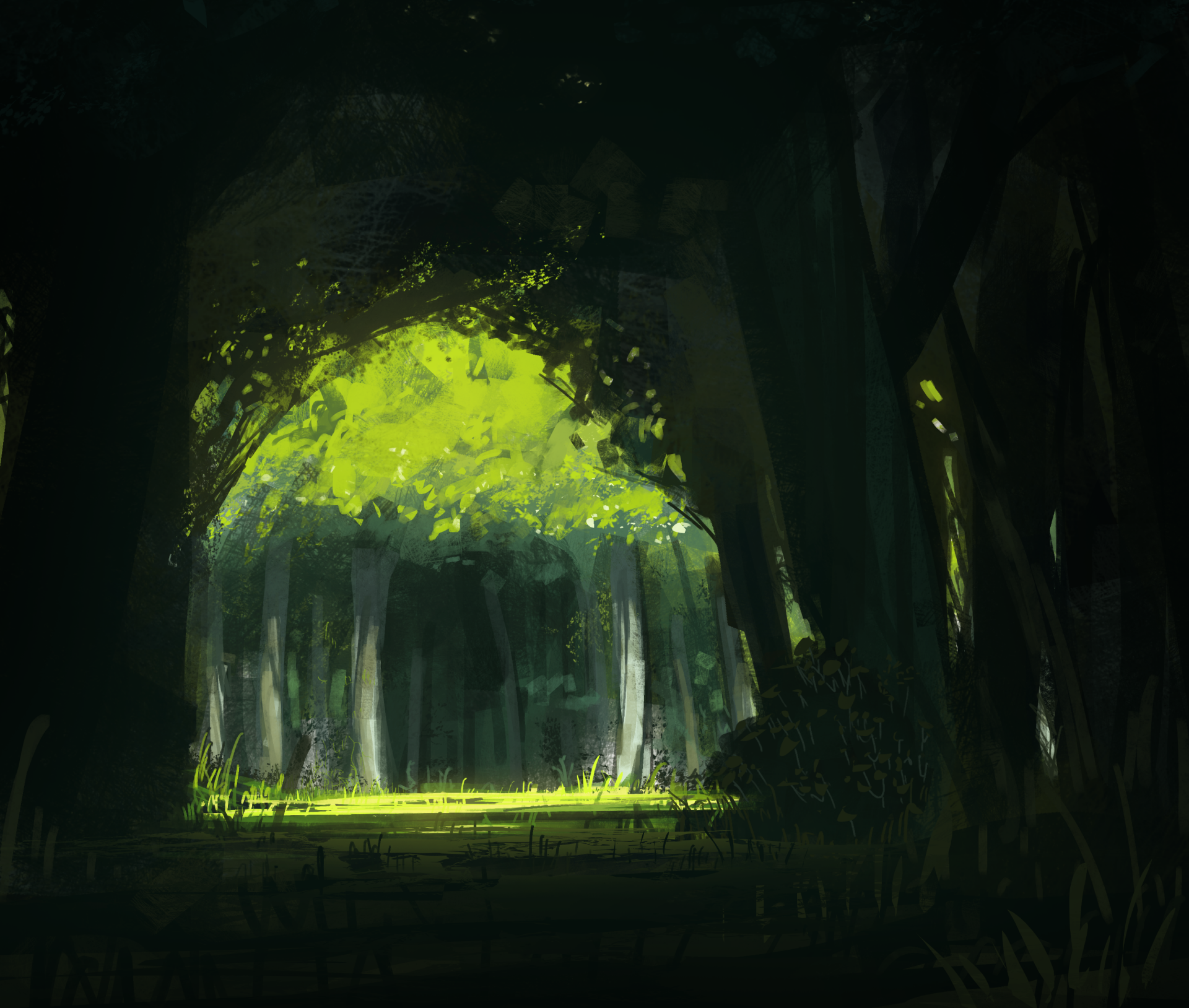 Dark forest scene from the video game Boku No Natsuyasumi, featuring contrasting light and shadow in an HD PC desktop wallpaper style.