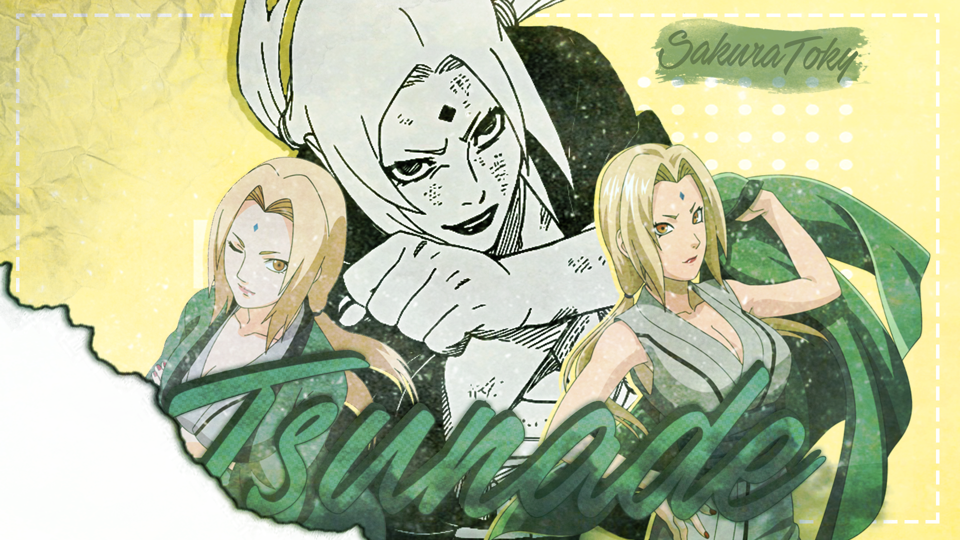 HD PC desktop wallpaper of Tsunade (Naruto): three stylized anime depictions of Tsunade in green tones, torn-paper motif, polka-dot background and bold Tsunade script.