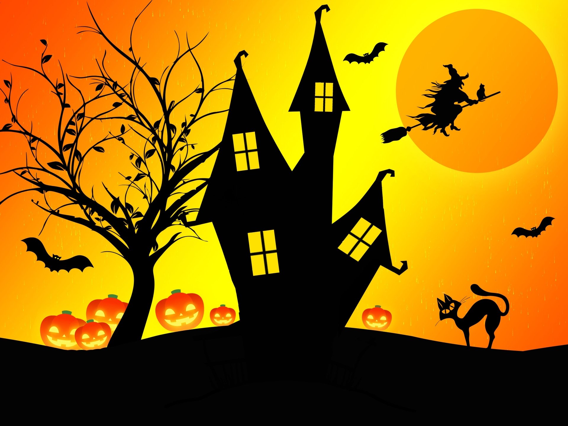 4K Ultra HD Halloween wallpaper featuring a silhouetted haunted house, a witch on a broomstick against a glowing moon, bats, a black cat, and glowing jack-o'-lanterns.