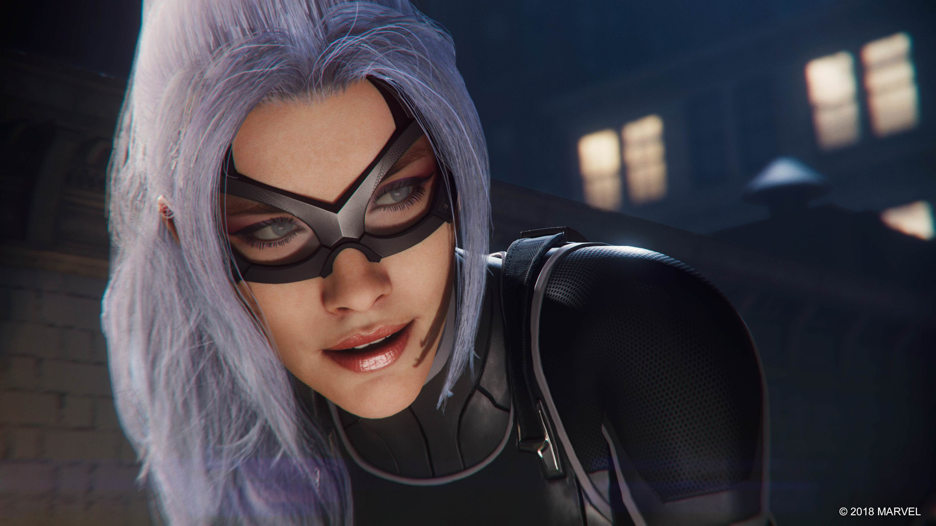 Close-up of Black Cat from Marvel Comics in 4K Ultra HD, featuring detailed character design from the Spider-Man PS4 video game as a dynamic PC desktop wallpaper.