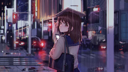 An anime girl with brown eyes and short brown hair stands in the rain, holding a smartphone and using a book as an umbrella. She has a bag over her shoulder. The HD wallpaper features a rainy city street.