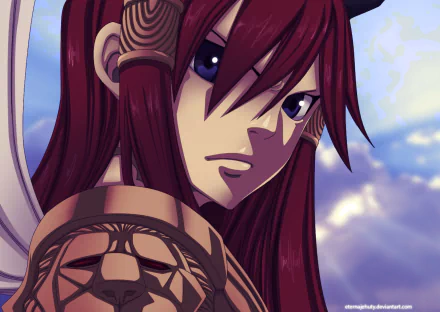 HD PC desktop wallpaper: close-up of Erza Scarlet (Fairy Tail) with long scarlet hair, armored shoulder and determined expression against a cloudy sky.