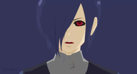 HD PC desktop wallpaper/background of Touka Kirishima from Tokyo Ghoul √A: anime portrait with short purple hair covering one eye, red eyes, pale skin and a dark collar.