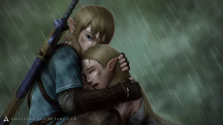 Princess Zelda and Link from The Legend of Zelda: Breath of the Wild embrace in the rain — emotional HD PC desktop wallpaper.