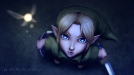 HD PC wallpaper of elf-like Link from The Legend of Zelda: Majora's Mask, gazing up with glowing blue eyes and raised sword, moody lighting for a video game desktop background