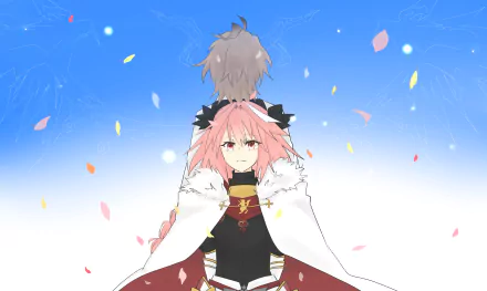 HD PC desktop wallpaper featuring Astolfo and Sieg from Fate/Apocrypha in an anime-style scene with blue sky and falling petals.