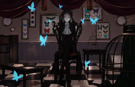 Dark-themed HD PC wallpaper featuring Ryūnosuke Akutagawa from the anime Bungou Stray Dogs, surrounded by glowing blue butterflies in a shadowy room.