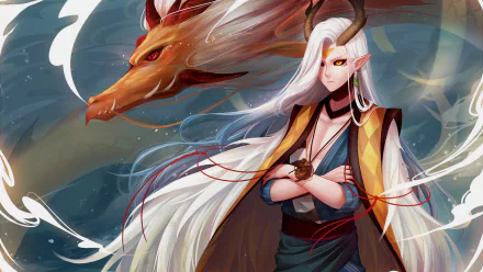 HD anime wallpaper featuring Ren Ichimoku from Onmyoji, showcasing a white-haired character with horns and a fiery dragon in the background.