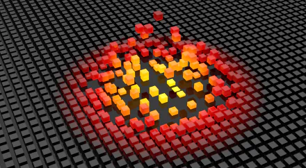 Square abstract cube composition: glowing yellow and red cubes erupt from a black grid, 4K Ultra HD PC desktop wallpaper and background.