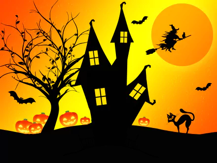 4K Ultra HD Halloween wallpaper featuring a silhouetted haunted house, a witch on a broomstick against a glowing moon, bats, a black cat, and glowing jack-o'-lanterns.