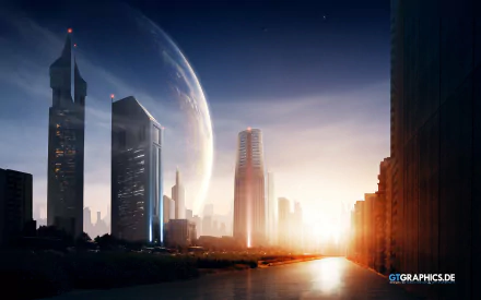 HD wallpaper featuring a stunning sci-fi cityscape at sunset, with towering futuristic buildings and a massive planet in the background.