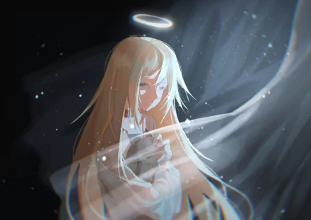 HD anime wallpaper featuring Rachel Gardner from Angels of Death with a glowing halo, ethereal light, and soft flowing effects in a dark, mystical background.